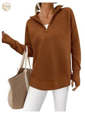Ribbed Knit Quarter Zip Pullover Sweater Long Sleeve V-Neck Thumb Hole